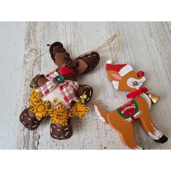 Wooden vintage Rudolph reindeer deer ornament set plush Noel Xmas tree both orna - Picture 1 of 10
